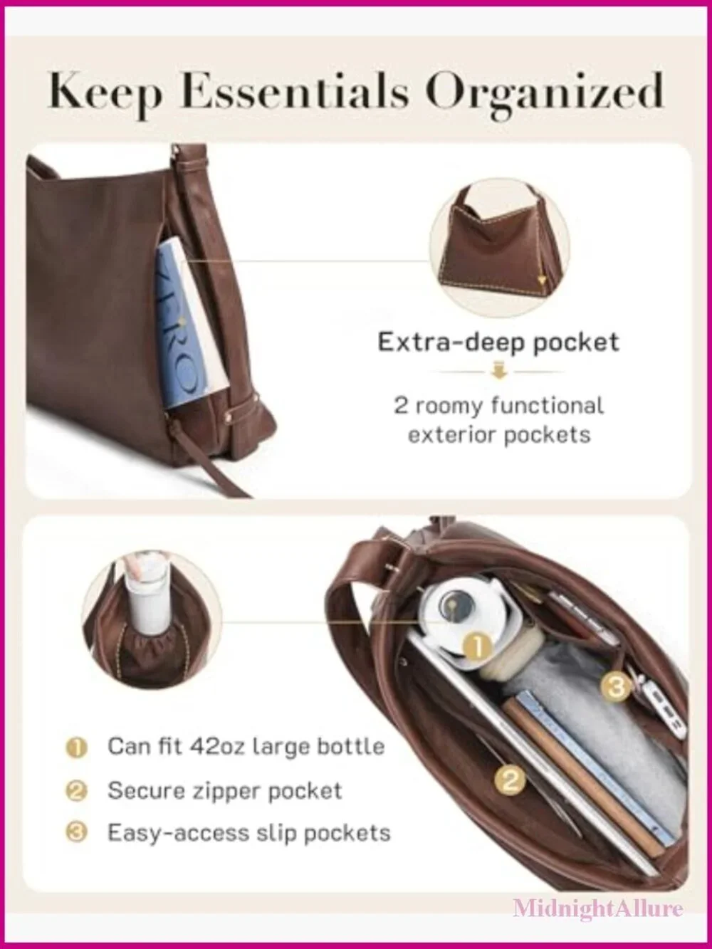 Vegan Leather Hobo Bag - Large Tote Shoulder Crossbody Multi-Pockets